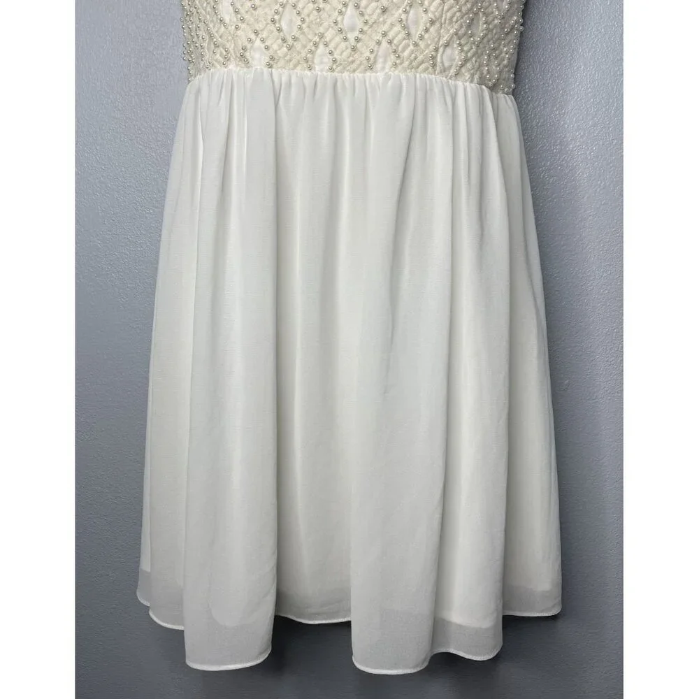 a.drea Sleeveless Ivory Beaded Fit & Flare Mini Dress Sheer Skirt Party Wedding - Picture 4 of 13